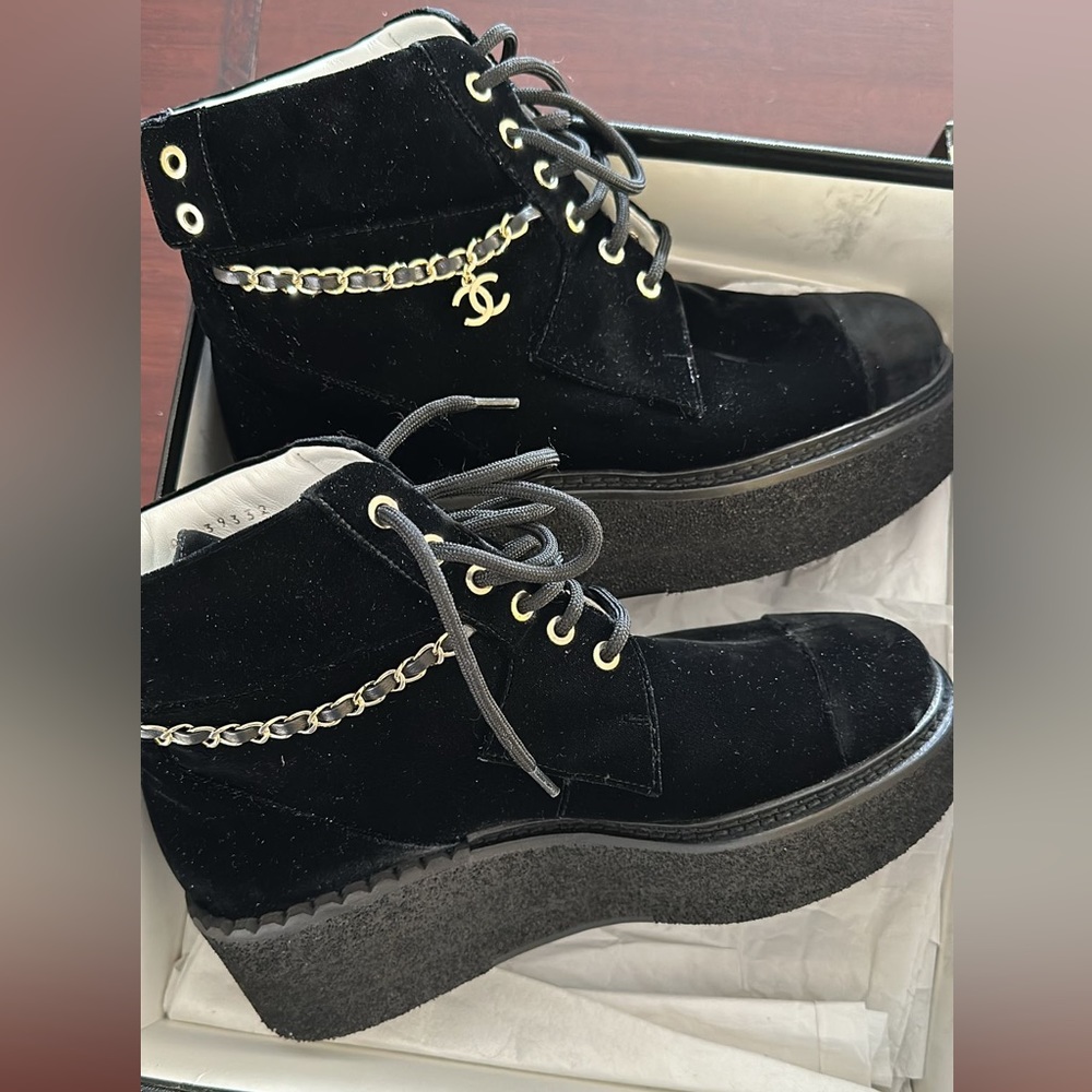 CHANEL Velvet Lace-Up Boots with chain
